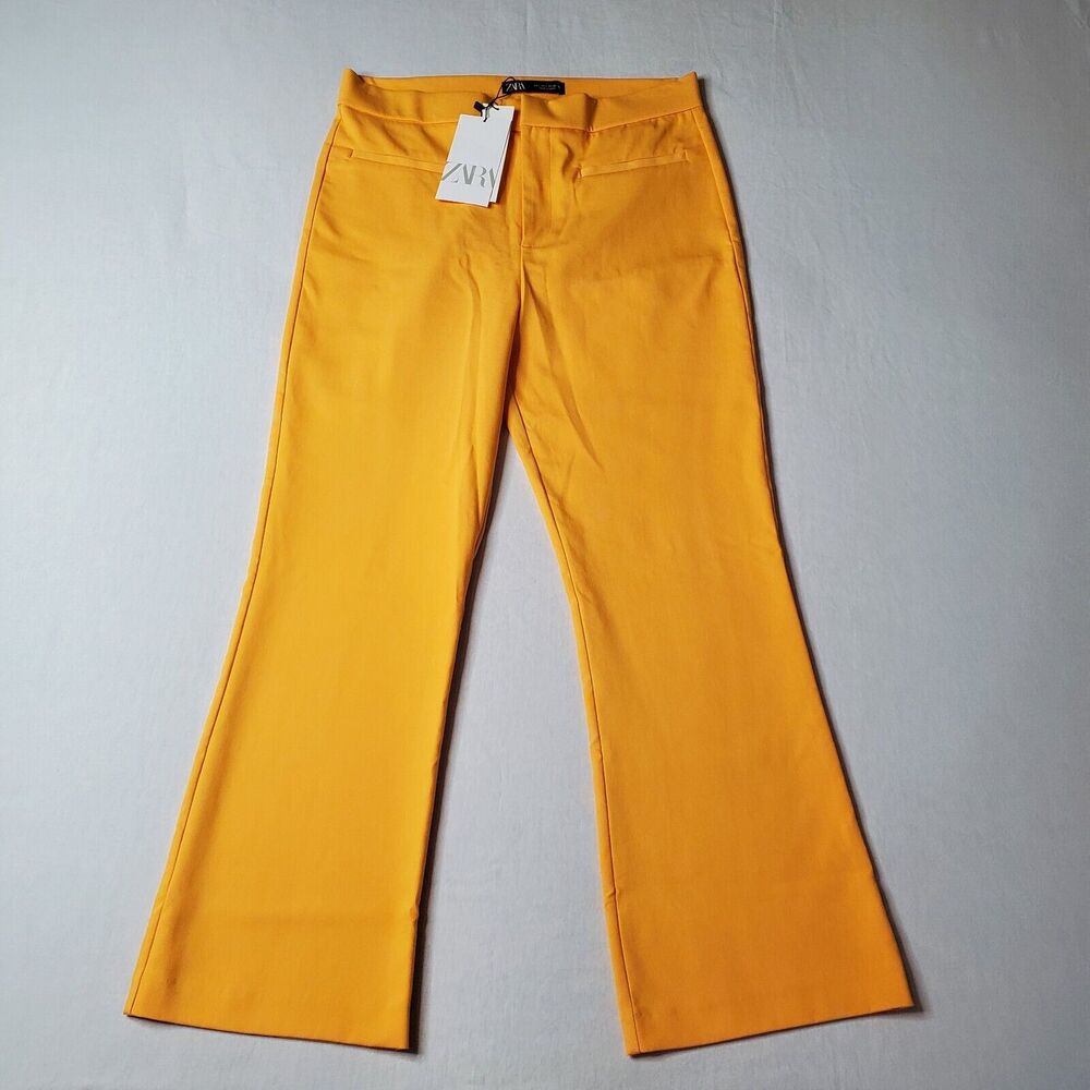Zara Women's Size L NWT Crop Flare Trouser Pants Cotton Blend Gold - Picture 4 of 8